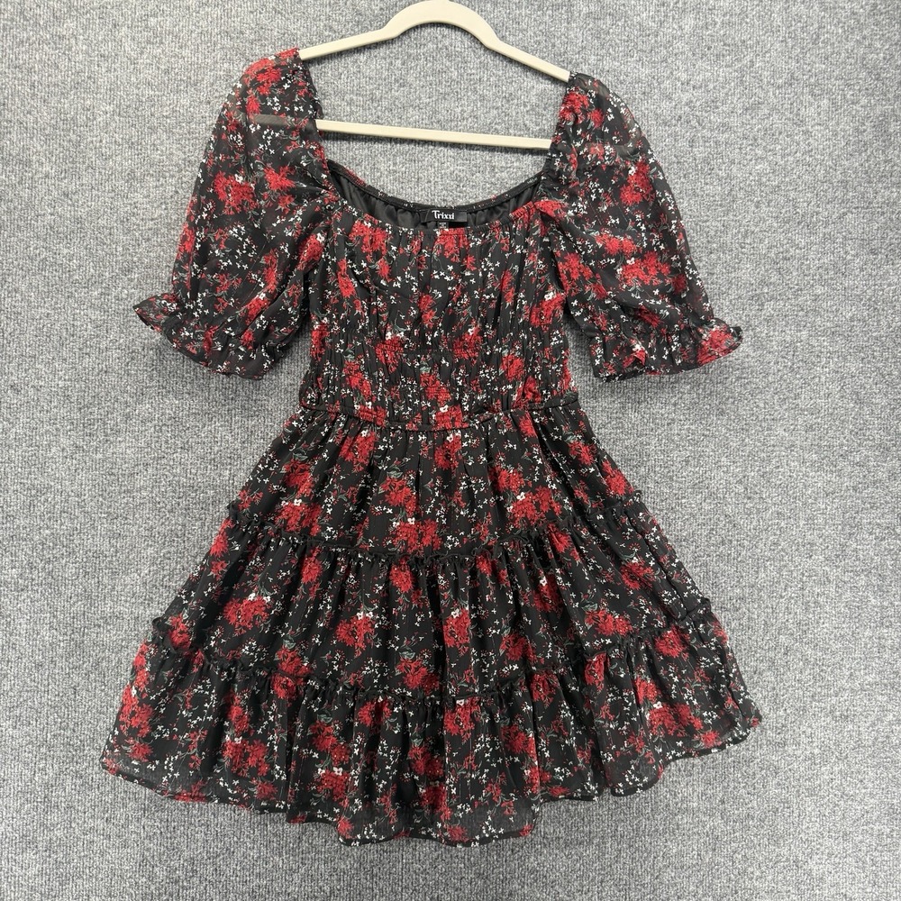 Trixxi Dress Womens M Black Red Floral Fit Flare Prairie Boho Cottage Coquette